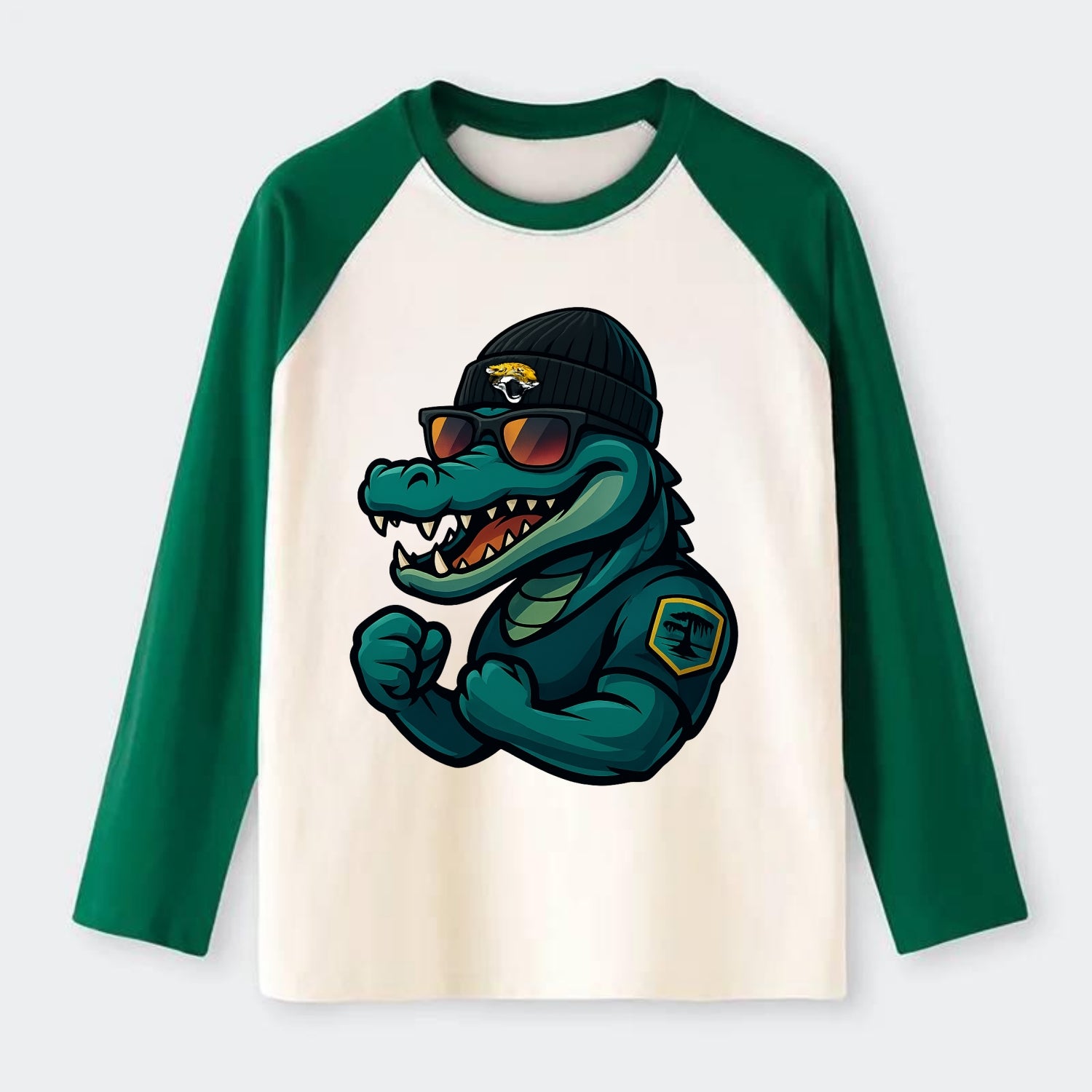 Jacksonville Alligator wearing Jaguars beanie with swamp patch and - Raglan Long Sleeve T-Shirt - Green