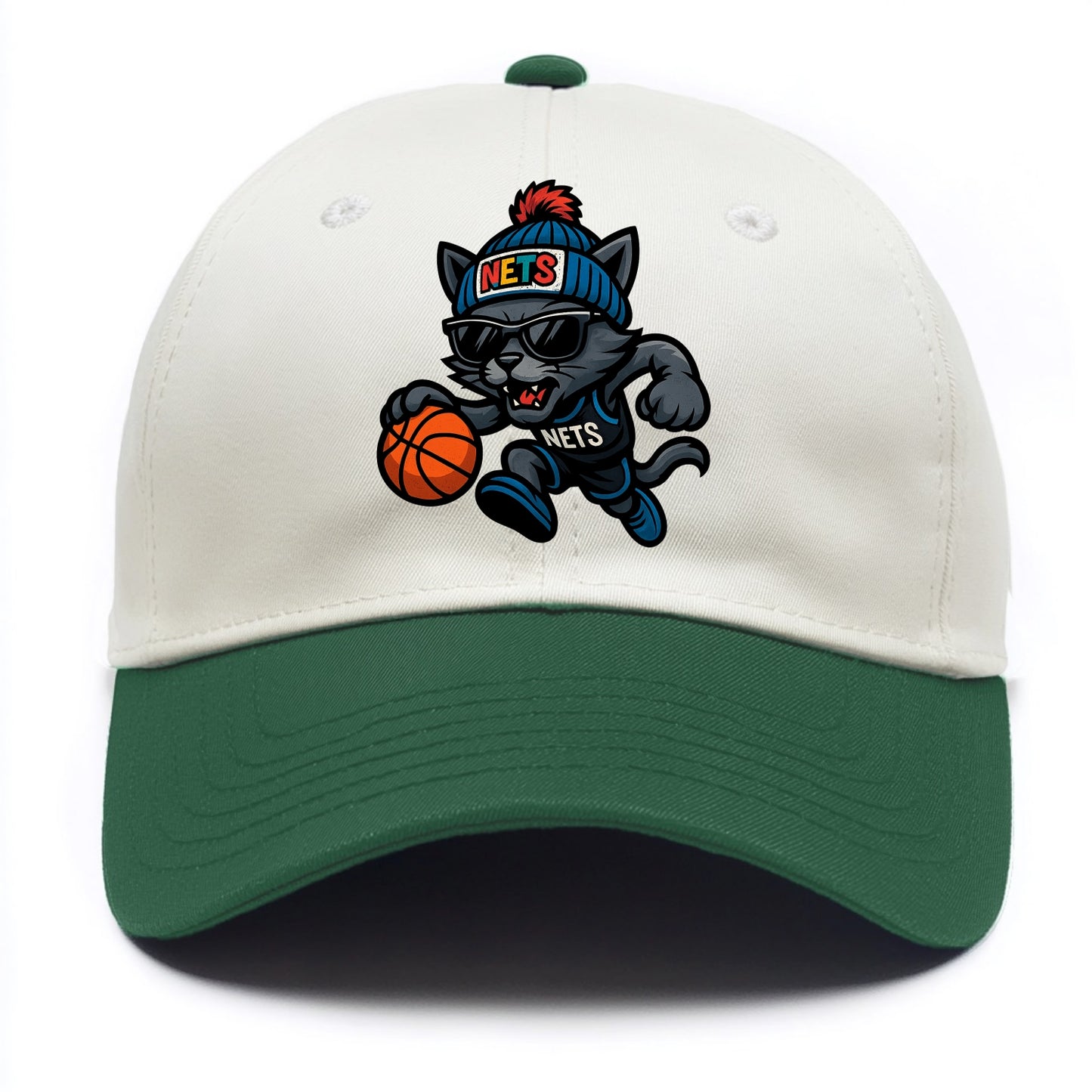 Brooklyn Cat wearing Nets beanie with street art patch and wayfarer sunglasses - Two Tone Cap - Green