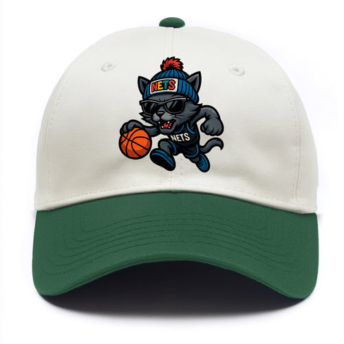 Brooklyn Cat wearing Nets beanie with street art patch and wayfarer sunglasses - Two Tone Cap
