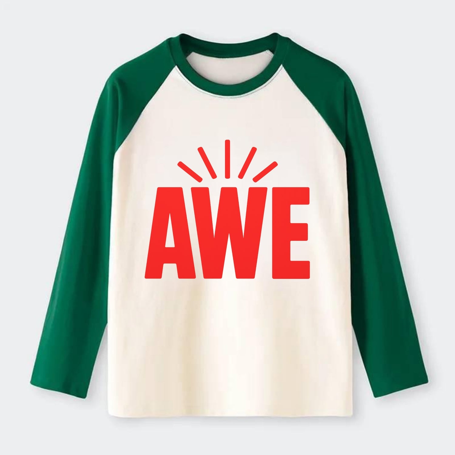 Bold typography design - "AWE" - overwhelming wonder - Raglan Long Sleeve T-Shirt - Green
