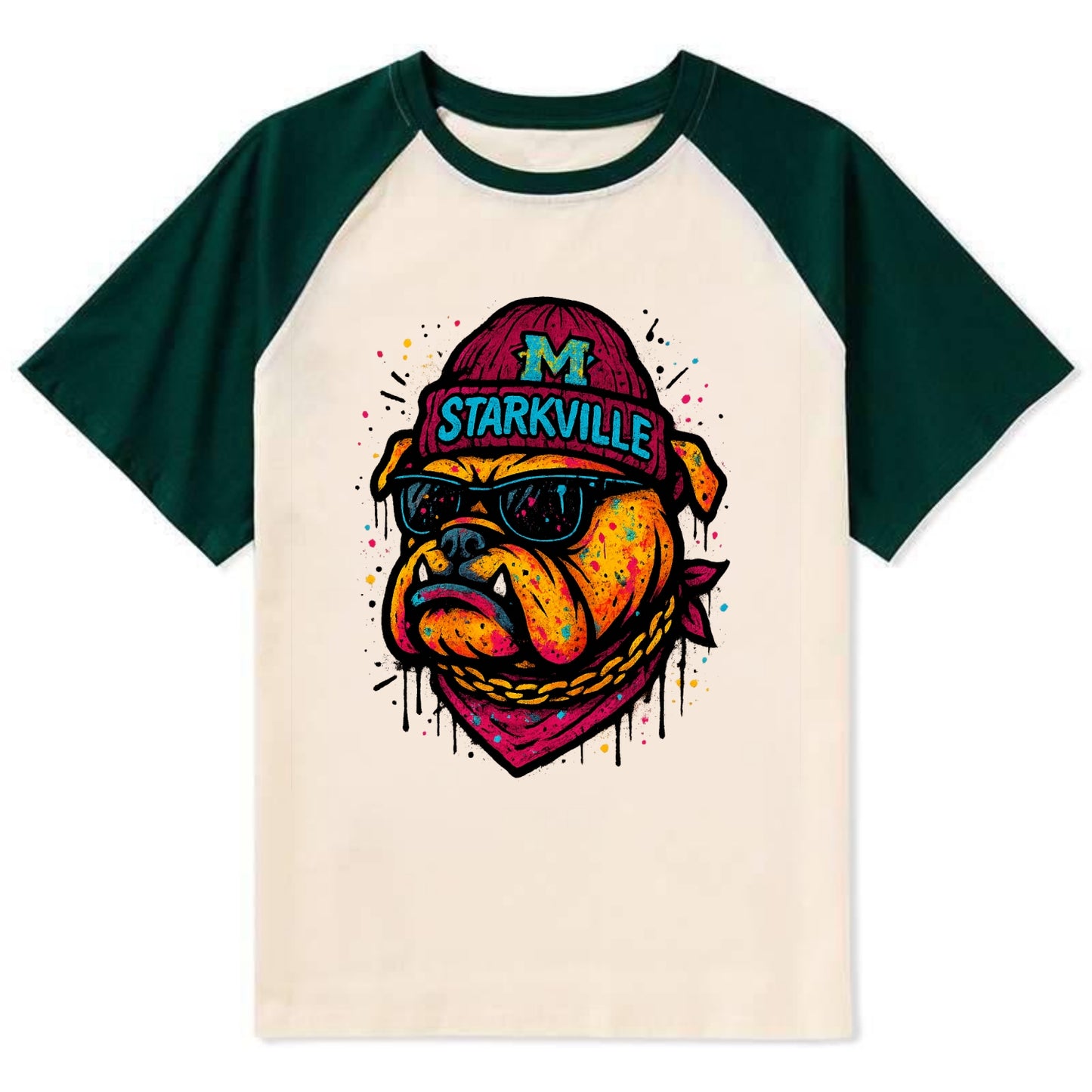 Starkville Bulldog wearing Mississippi State beanie with M patch - Contrast Raglan T-shirt - Green