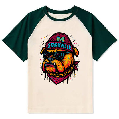 Starkville Bulldog wearing Mississippi State beanie with M patch - Contrast Raglan T-shirt - Green