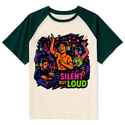 Silent disco dancers with glowing headphones - "Silent But Loud" - unique - Contrast Raglan T-shirt - Green
