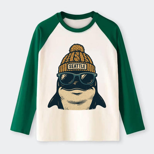 Seattle Orca wearing Seattle beanie with pom pom and wayfarer - Raglan Long Sleeve T-Shirt