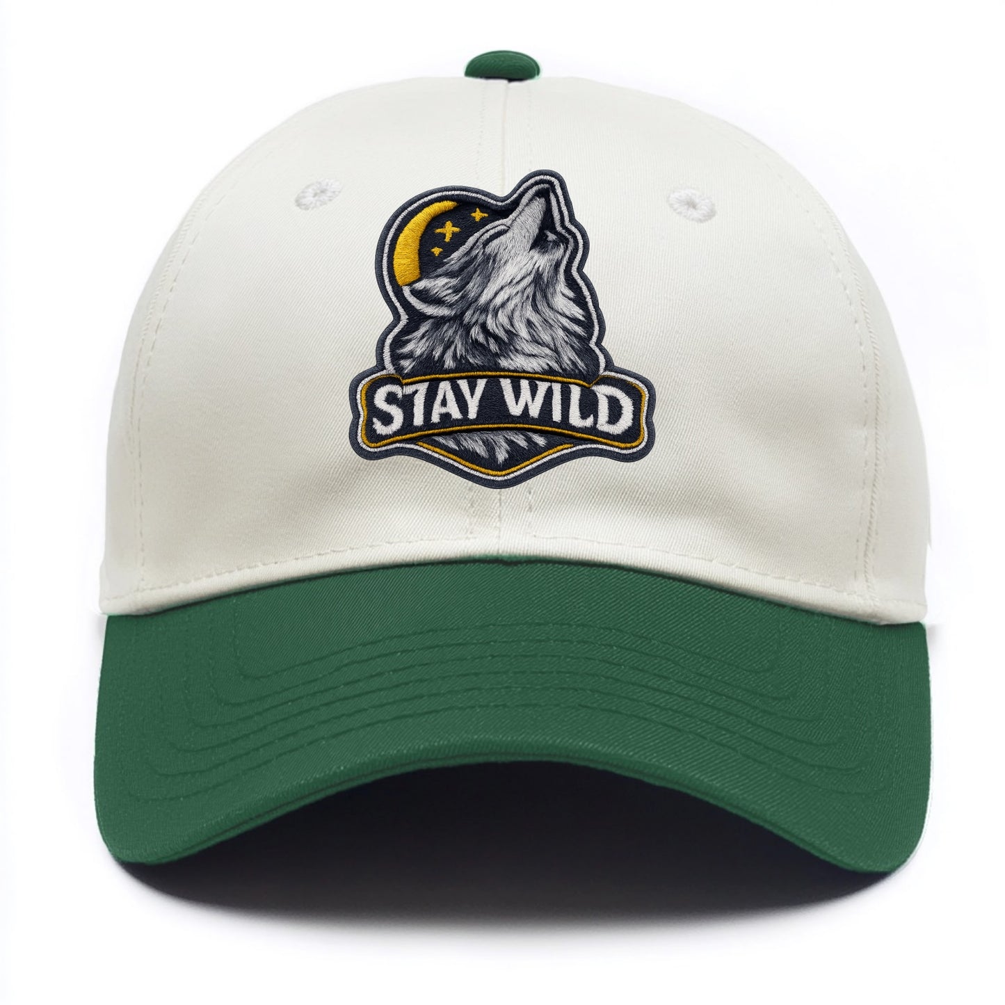 STAY WILD - wolf with text in gray , free spirit - Two Tone Cap - Green