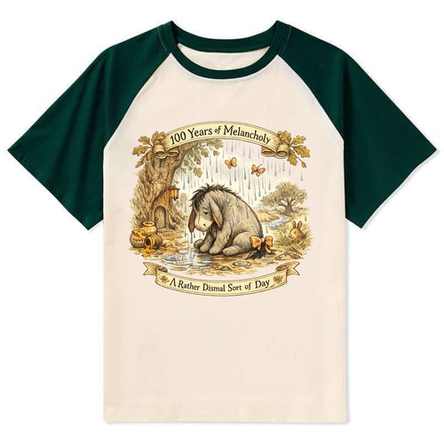 GLOOMY GLEN | Droopy figure in rain | Tattered tail bow | Pessimistic - Contrast Raglan T-shirt