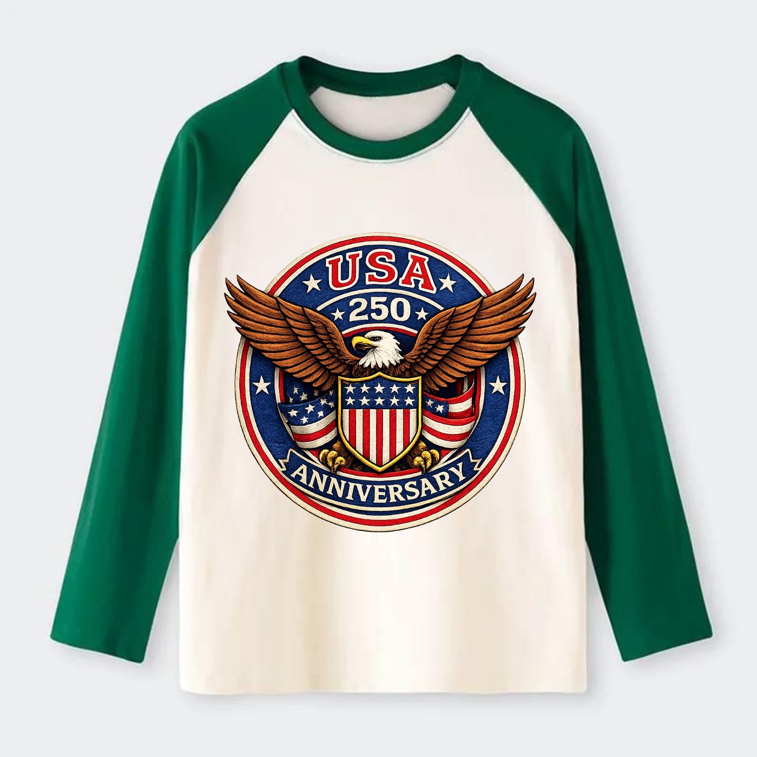 Usa 250 Anniversary Eagle Shield Emblem - Raglan Long Sleeve T-Shirt - Green