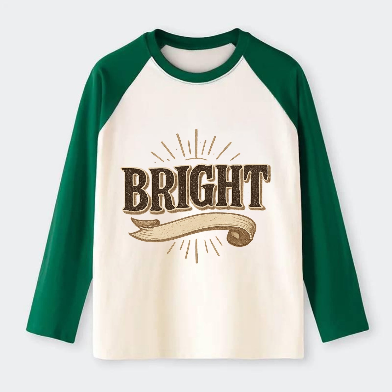 Bold typography design - "BRIGHT" - intelligent, shining - Raglan Long Sleeve T-Shirt - Green