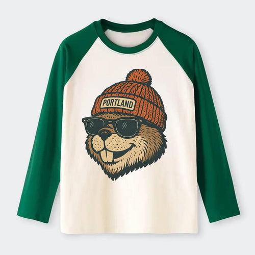 Oregon Beaver wearing Portland beanie with pom pom and wayfarer - Raglan Long Sleeve T-Shirt