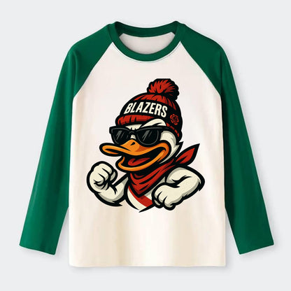 Oregon Duck wearing Trail Blazers beanie with rose patch and wayfarer - Raglan Long Sleeve T-Shirt - Green