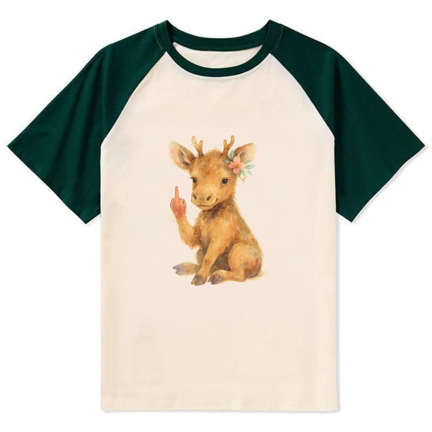 baby moose with adorable tiny antlers, one hoof raised in attitude - Contrast Raglan T-shirt - Green