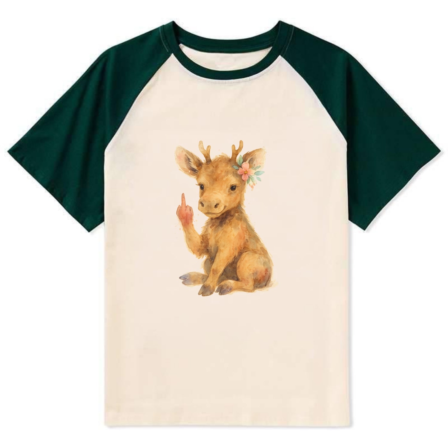 baby moose with adorable tiny antlers, one hoof raised in attitude - Contrast Raglan T-shirt - Green