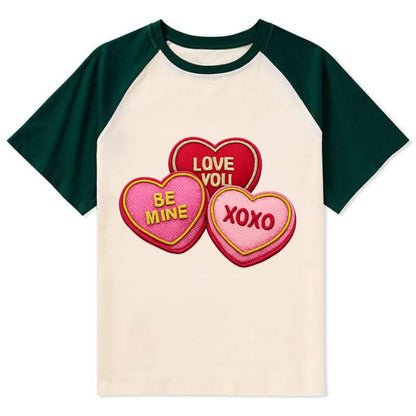 VALENTINES HEARTS - candy hearts in pink and red , love day - Contrast Raglan T-shirt - Green