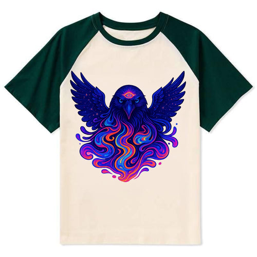 Mysterious raven with feathers showing future visions in neon colors, - Contrast Raglan T-shirt