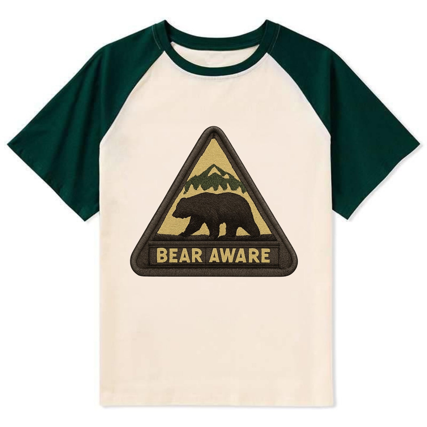 BEAR AWARE - bear silhouette warning in brown and yellow , wilderness - Contrast Raglan T-shirt - Green