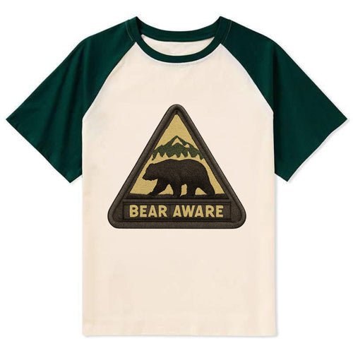 BEAR AWARE - bear silhouette warning in brown and yellow , wilderness - Contrast Raglan T-shirt