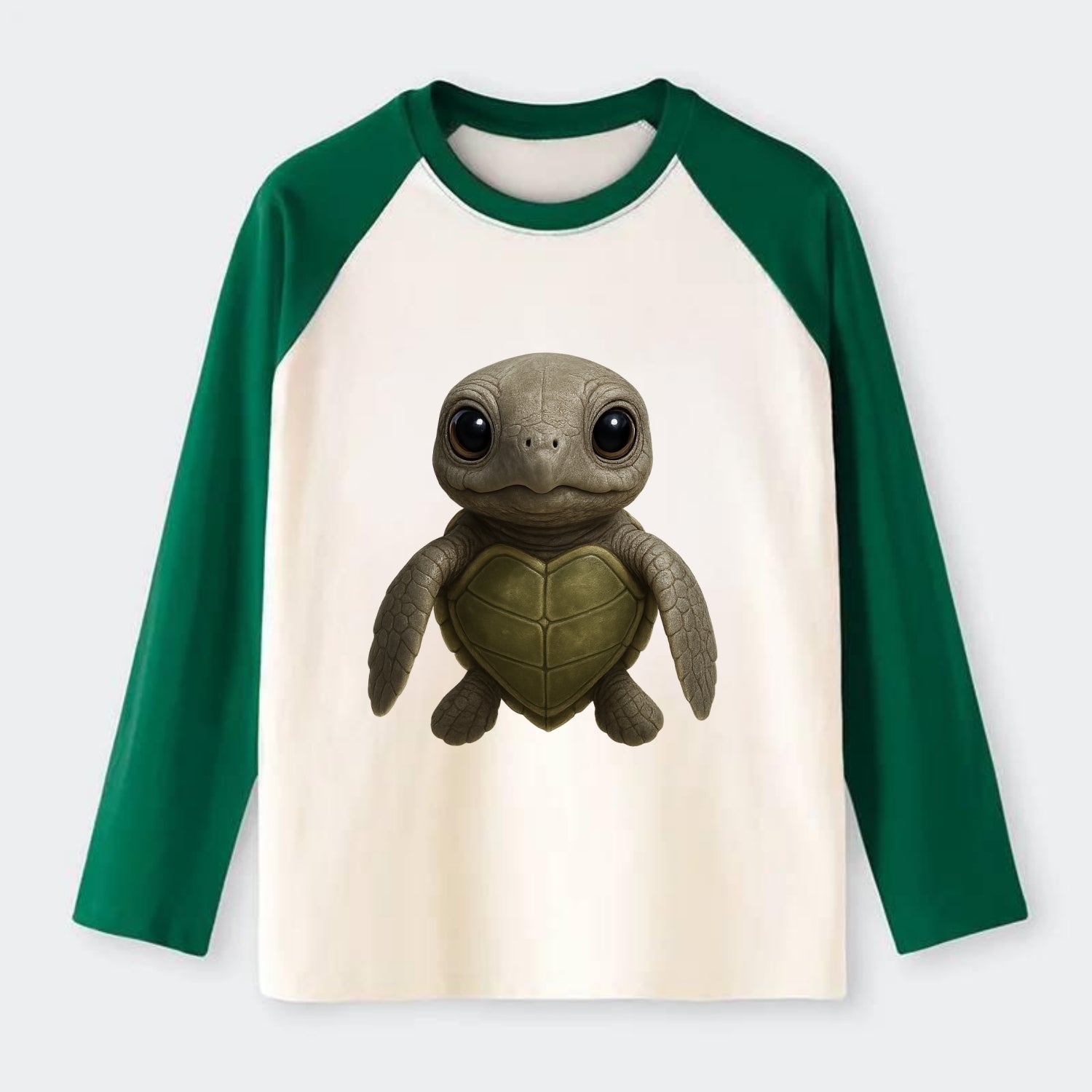 Baby Olive Ridley Turtle - olive green shell, heart-shaped carapace, - Raglan Long Sleeve T-Shirt - Green