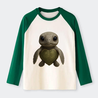 Baby Olive Ridley Turtle - olive green shell, heart-shaped carapace, - Raglan Long Sleeve T-Shirt - Green