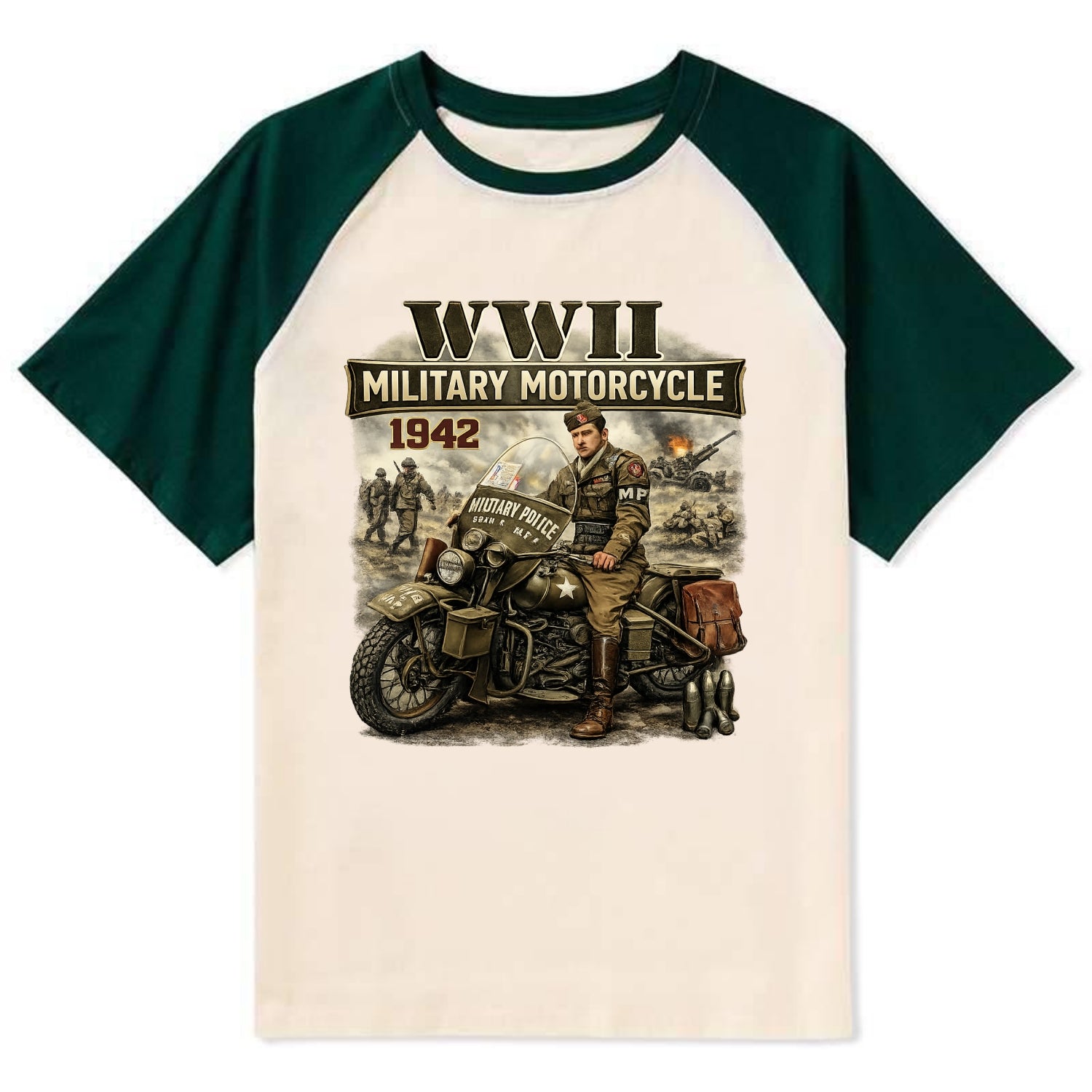 Wwii Military Motorcycle 1942 - Contrast Raglan T-shirt - Green