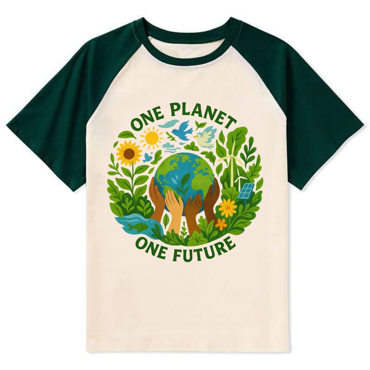 Globe surrounded by hands of all colors working together - "One Planet, - Contrast Raglan T-shirt - Green