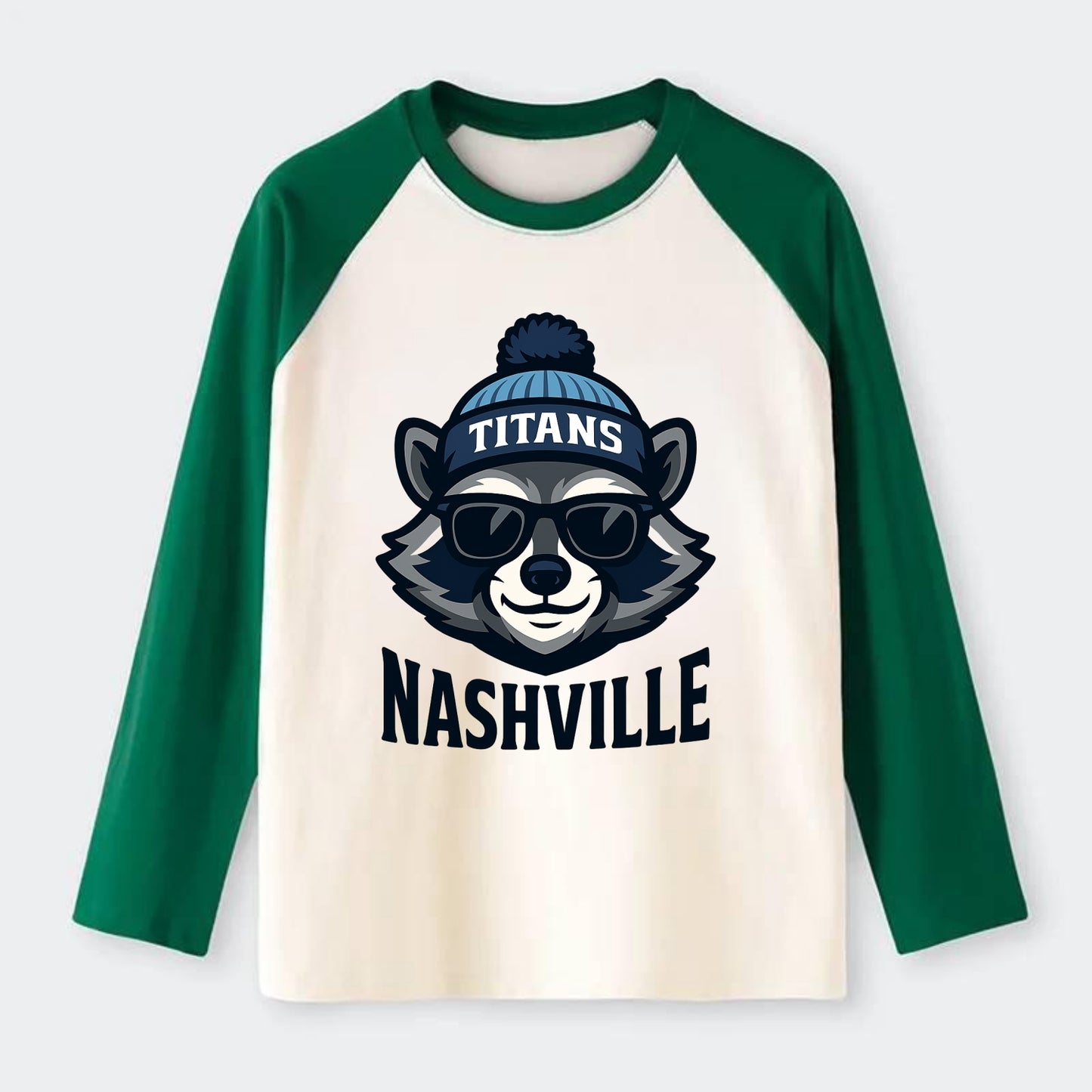 Nashville Raccoon wearing Titans navy and light blue beanie with pom - Raglan Long Sleeve T-Shirt - Green
