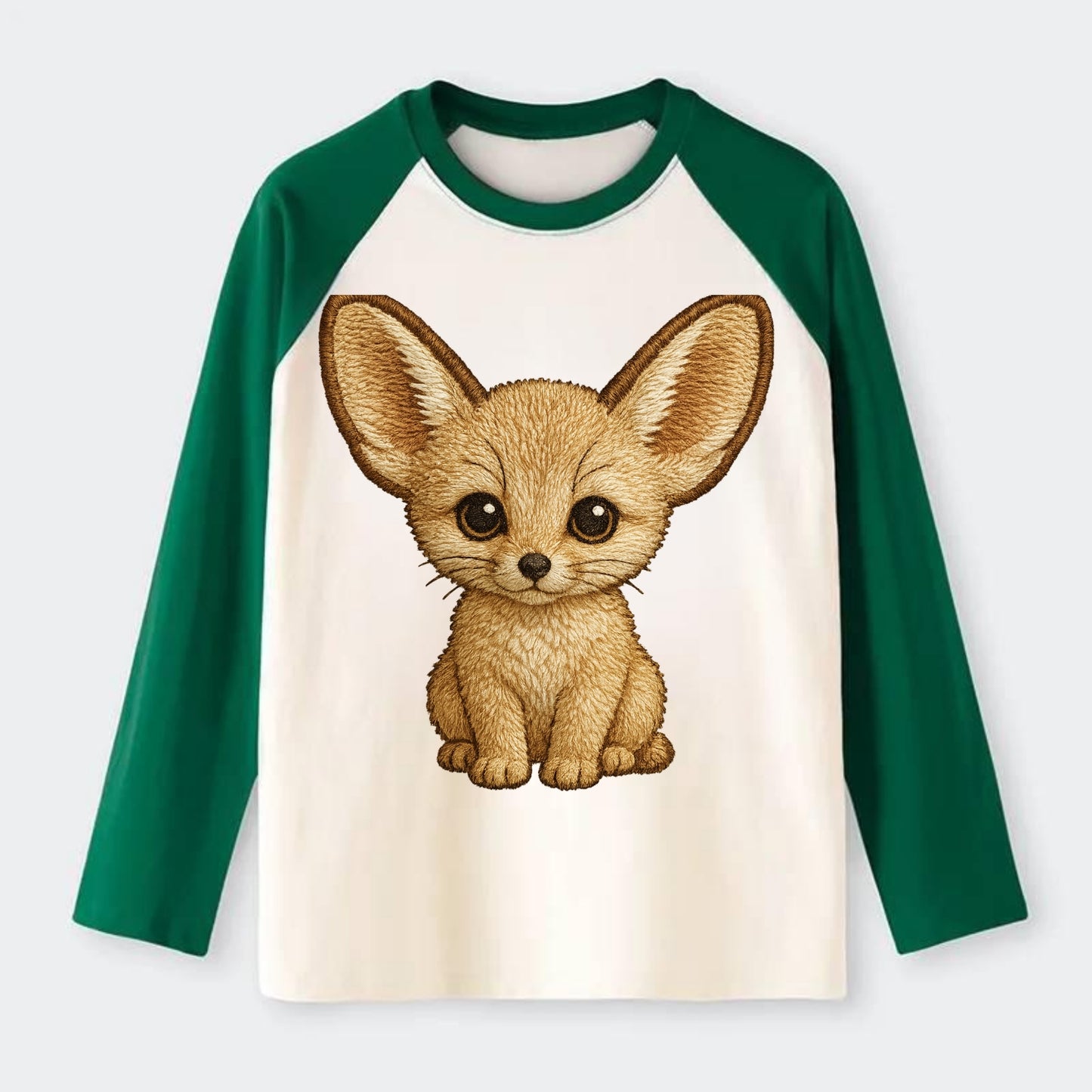 Baby Fennec Fox - huge ears, cream fur, large dark eyes, front-facing, - Raglan Long Sleeve T-Shirt - Green