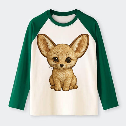Baby Fennec Fox - huge ears, cream fur, large dark eyes, front-facing, - Raglan Long Sleeve T-Shirt - Green