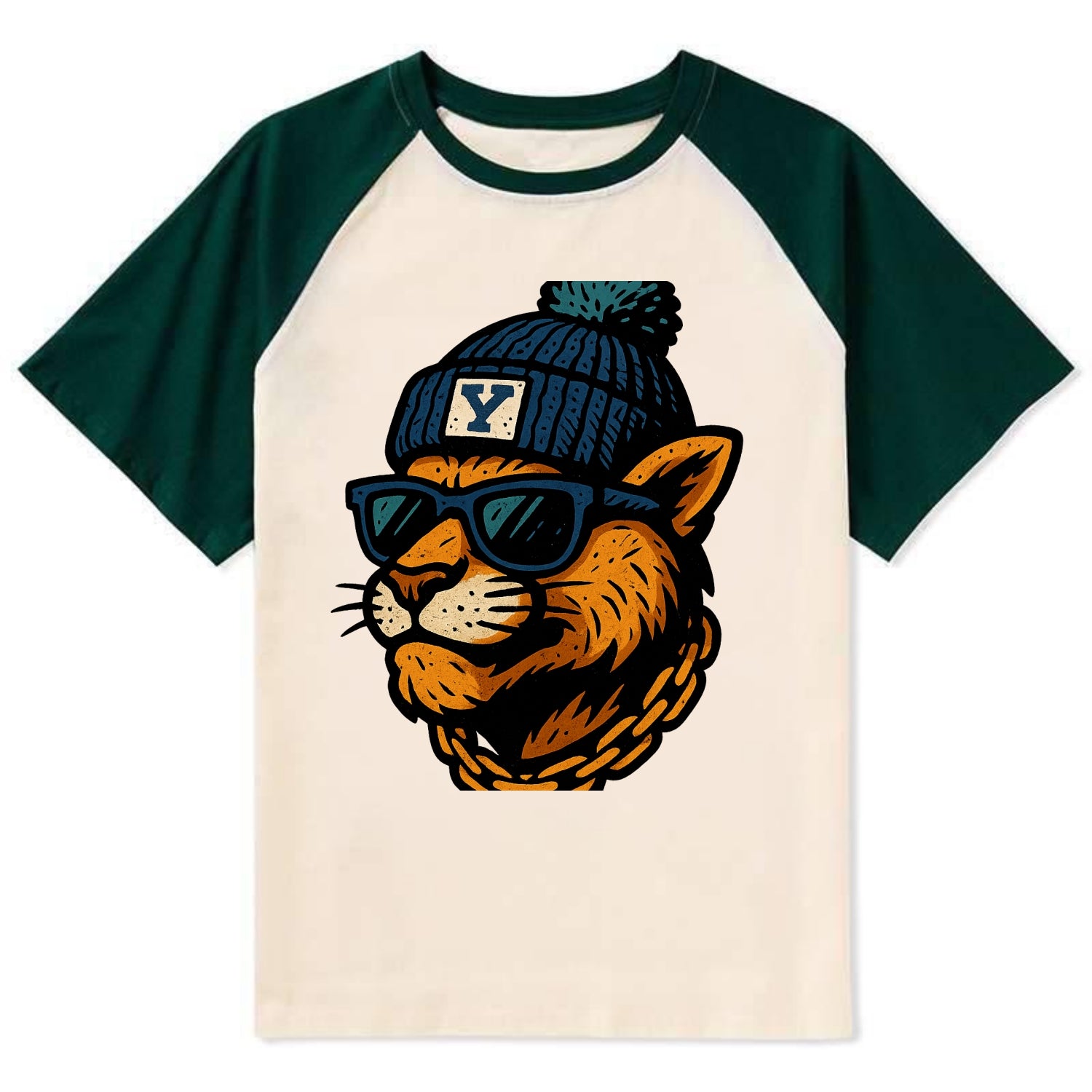 Provo Cougar wearing BYU beanie with Y patch - Contrast Raglan T-shirt - Green