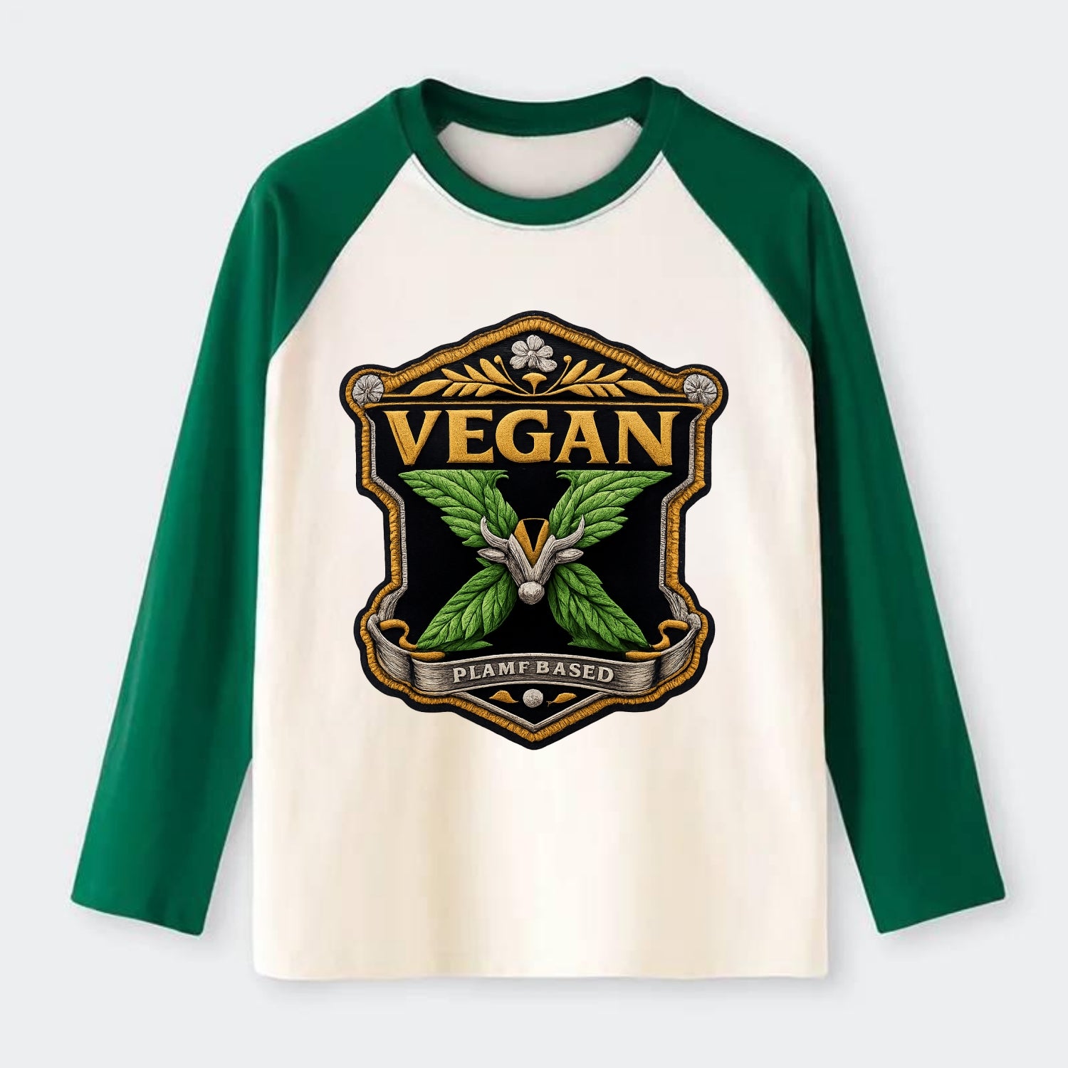 VEGAN X - plant-based symbol in green , animal rights - Raglan Long Sleeve T-Shirt - Green