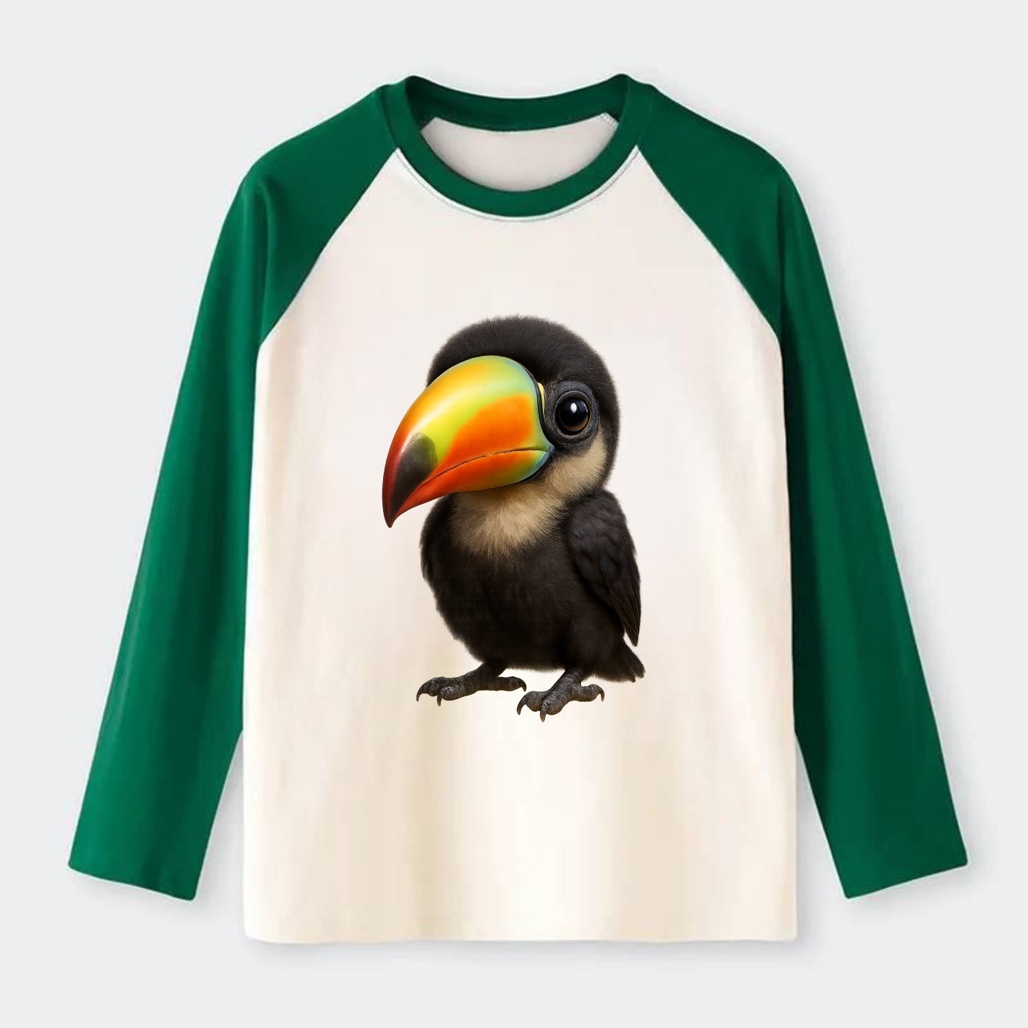 Baby Toucan - oversized colorful beak, black feathers, bright eyes, - Raglan Long Sleeve T-Shirt - Green