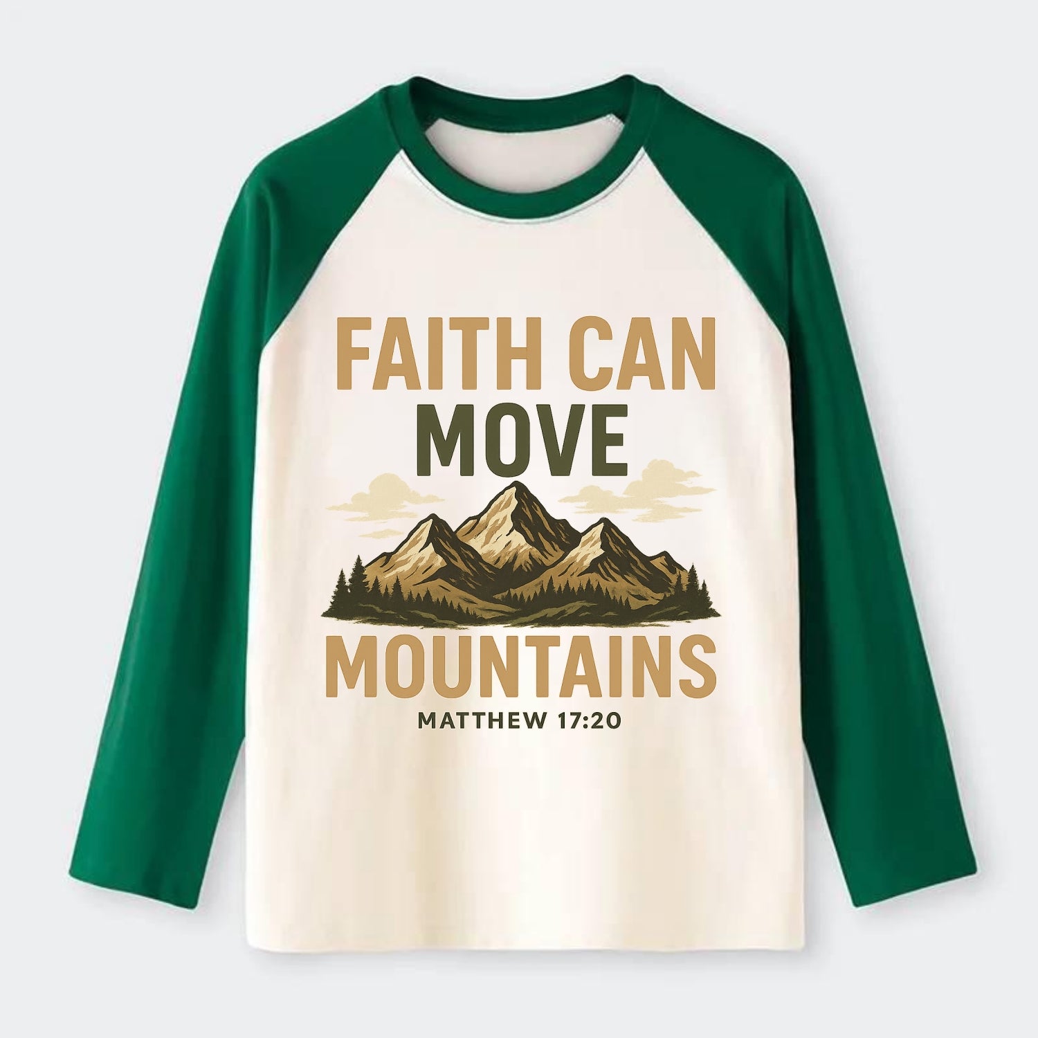 Matthew 17:20 Mountains - Raglan Long Sleeve T-Shirt - Green