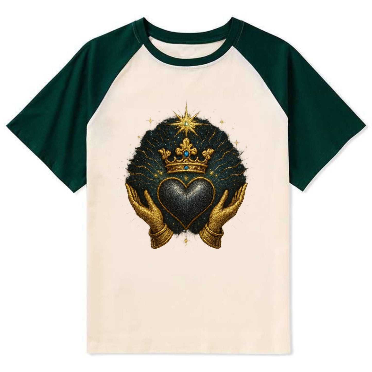 Pearl-studded tiara atop a satin-gunmetal heart supported by elegant - Contrast Raglan T-shirt - Green