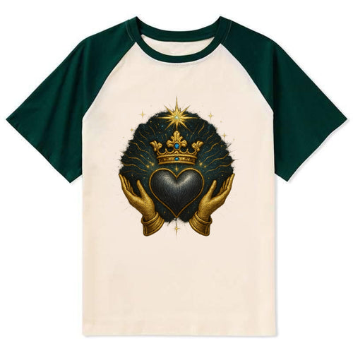 Pearl-studded tiara atop a satin-gunmetal heart supported by elegant - Contrast Raglan T-shirt