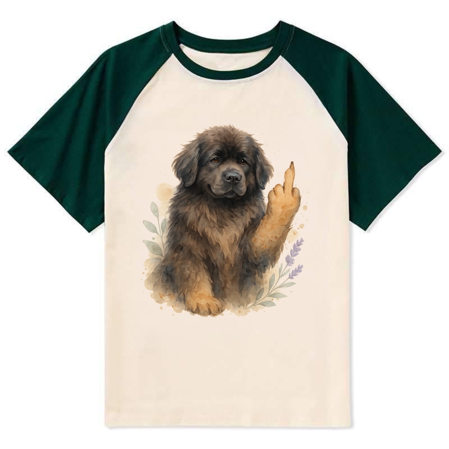 Newfoundland fluffy bear-like with webbed paws, massive gentle paw up - Contrast Raglan T-shirt - Green