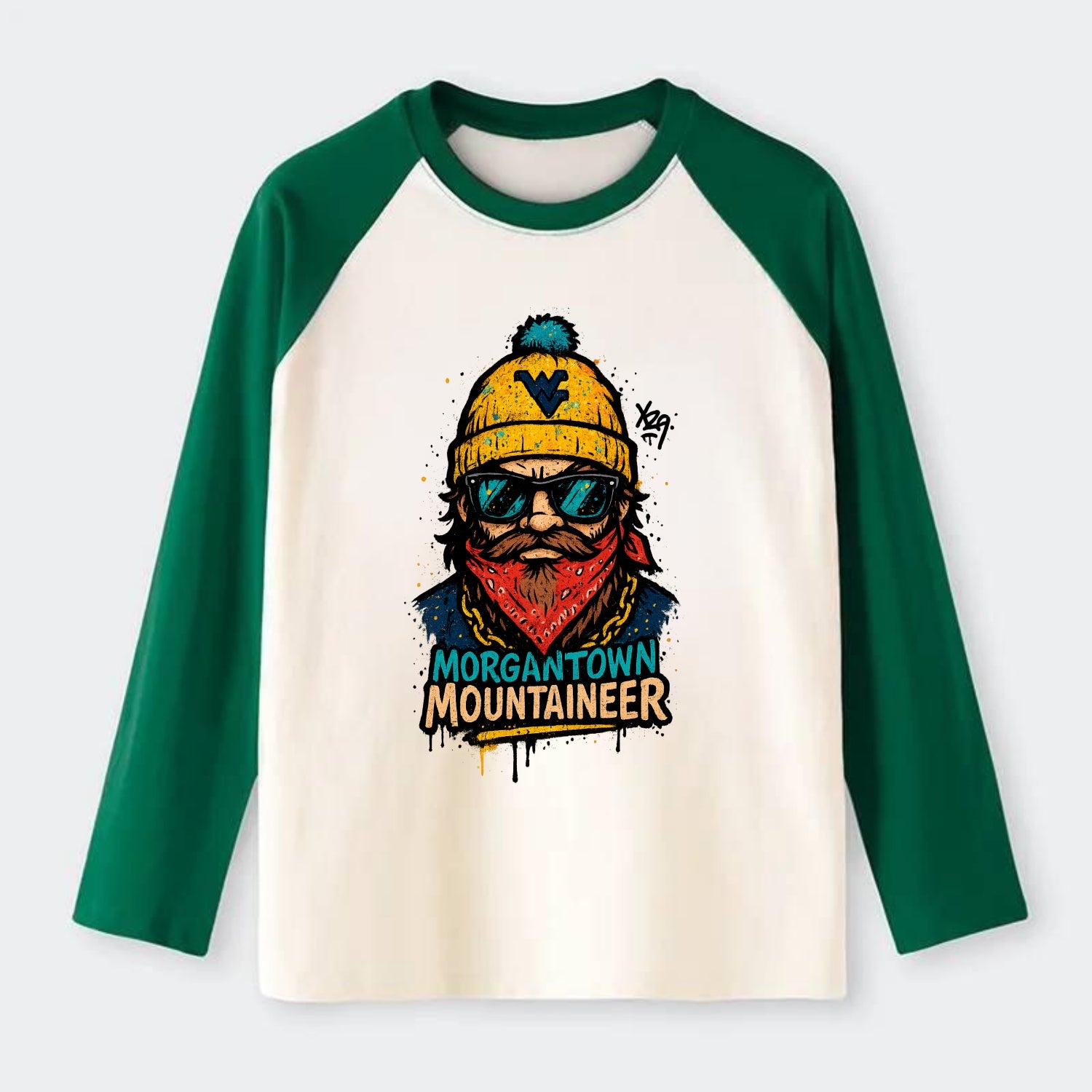 Morgantown Mountaineer wearing West Virginia beanie with WV patch - Raglan Long Sleeve T-Shirt - Green