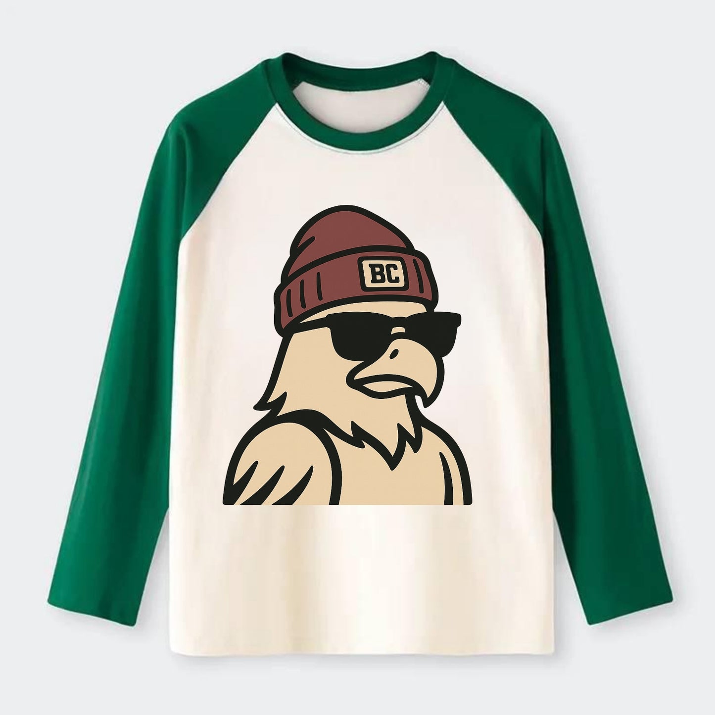 Chestnut Hill Eagle wearing Boston College beanie with BC patch - Raglan Long Sleeve T-Shirt - Green