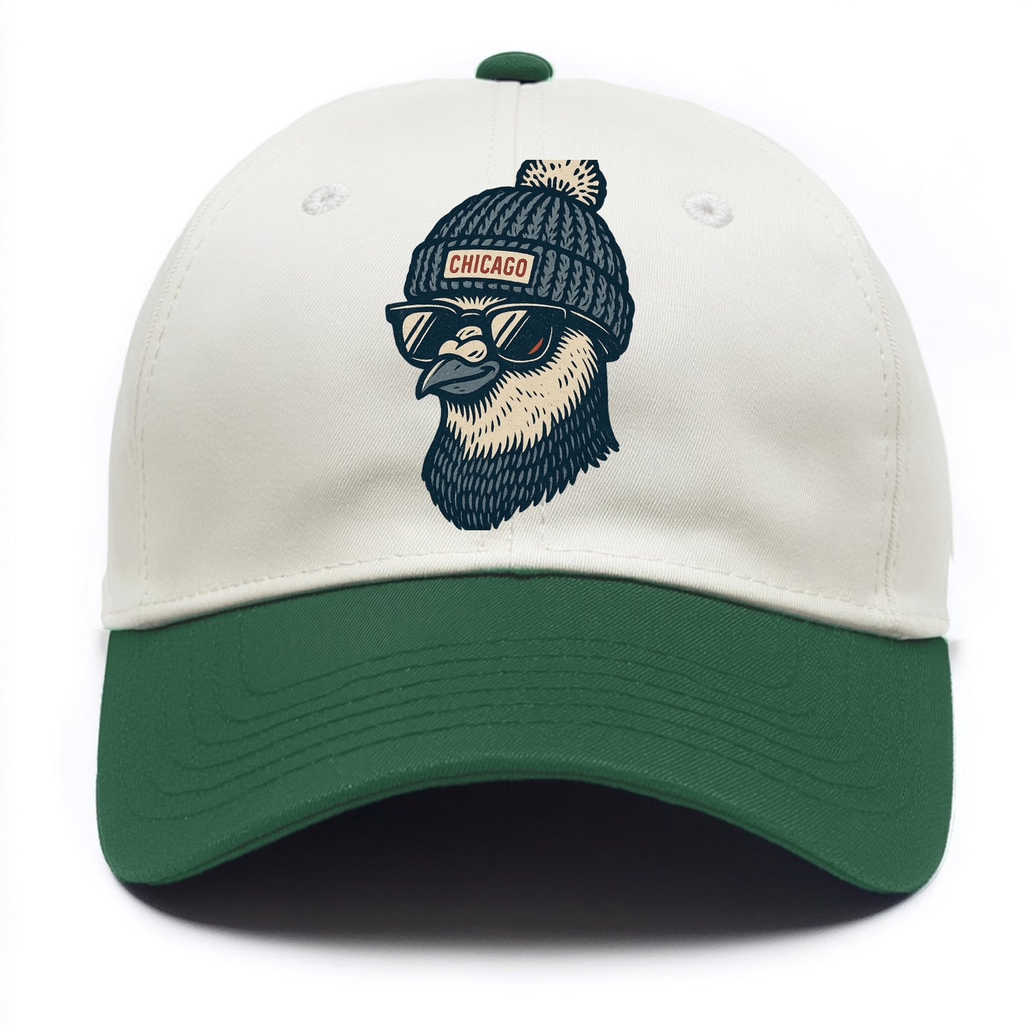 Chicago Pigeon wearing Chicago beanie with pom pom and wayfarer sunglasses - Two Tone Cap - Green