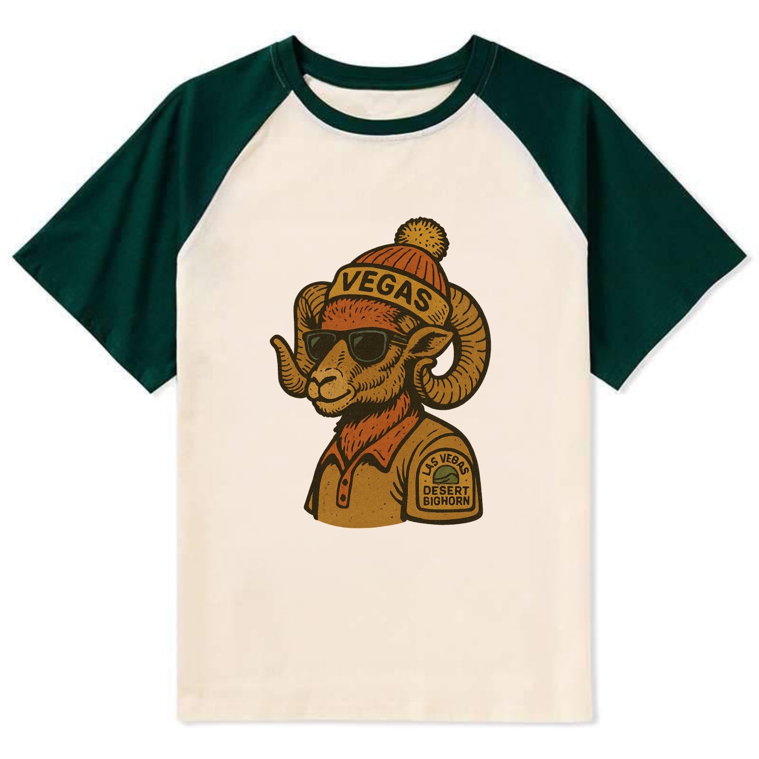 Las Vegas Desert Bighorn wearing Vegas beanie with pom pom and wayfarer - Contrast Raglan T-shirt - Green