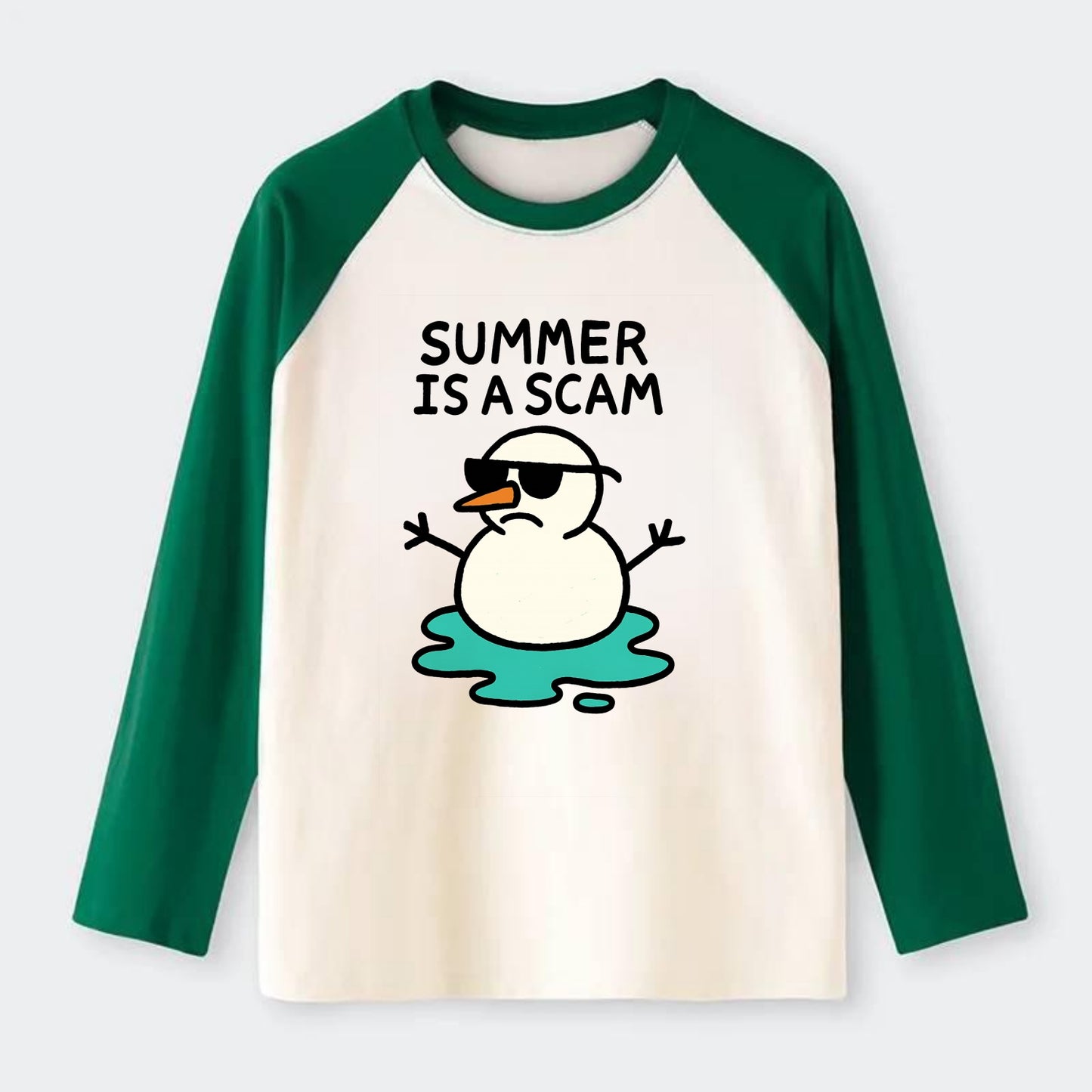 SUMMER IS A SCAM | Melting snowman in sunglasses - Raglan Long Sleeve T-Shirt - Green