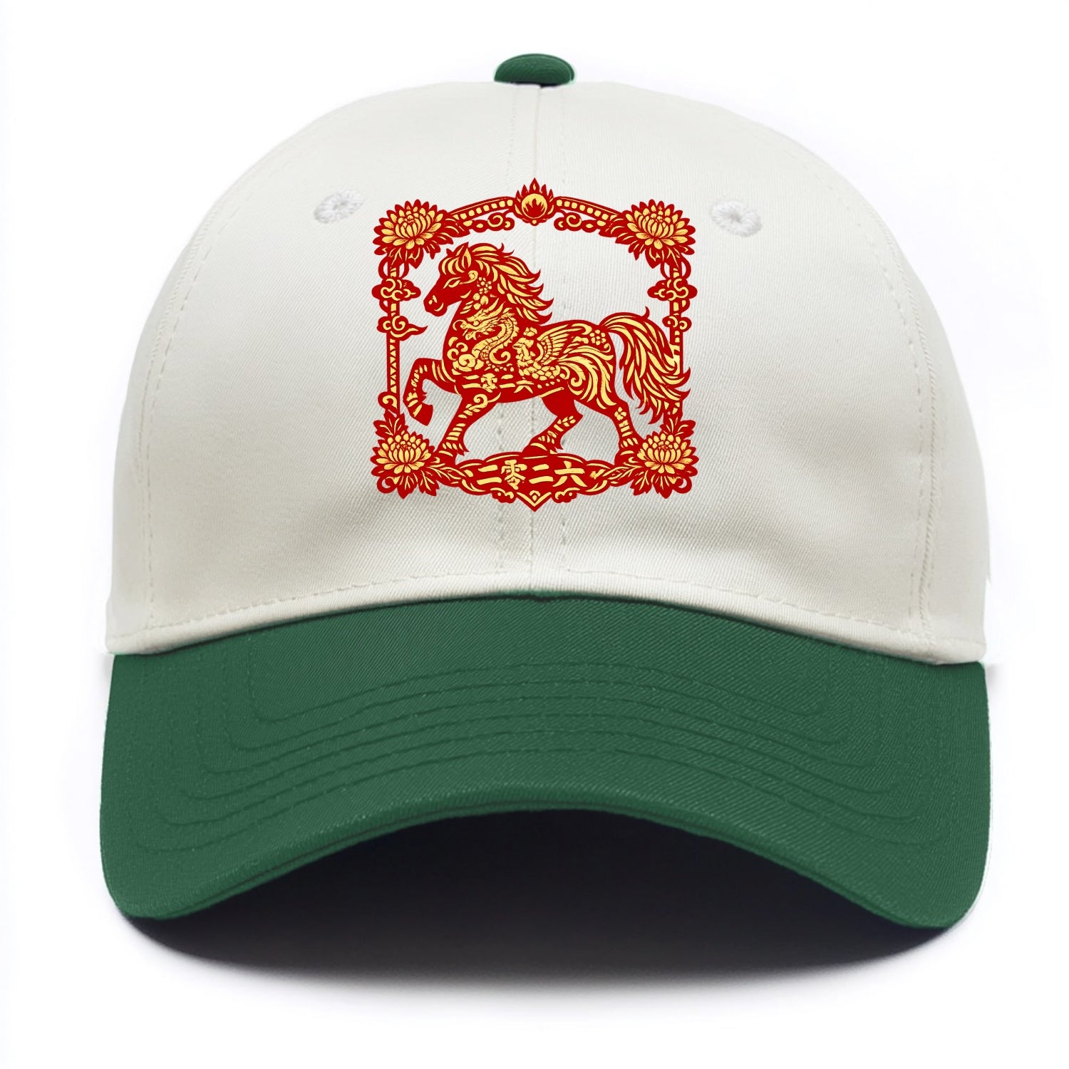 HORSE | Silk style horse design | Gold and silver thread appearance | Phoenix and - Two Tone Cap - Green