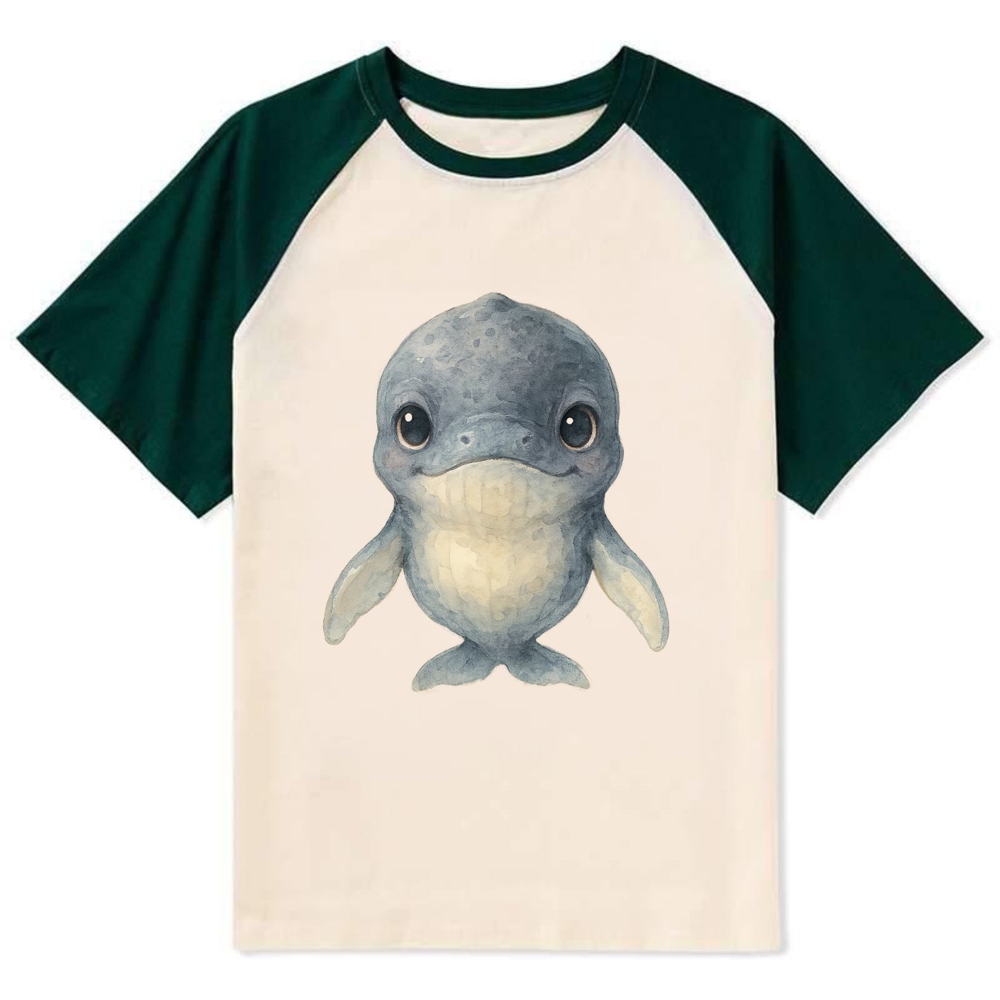 Baby Humpback Whale - dark gray with white flippers, large gentle eyes, - Contrast Raglan T-shirt - Green