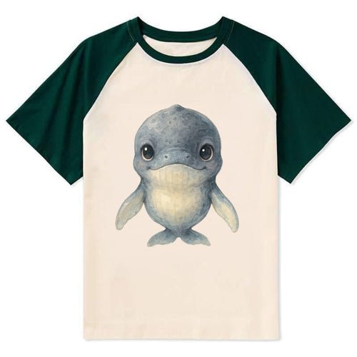 Baby Humpback Whale - dark gray with white flippers, large gentle eyes, - Contrast Raglan T-shirt