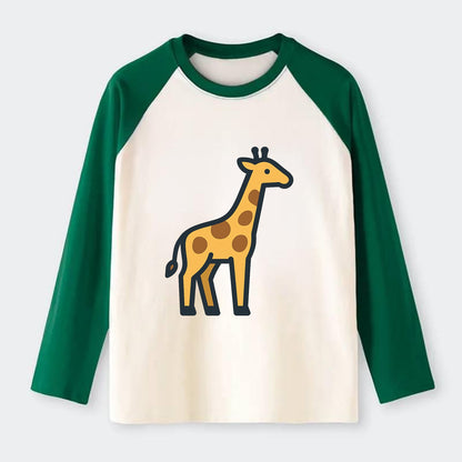 Giraffe - Yellow with brown patches flat side profile - Raglan Long Sleeve T-Shirt - Green