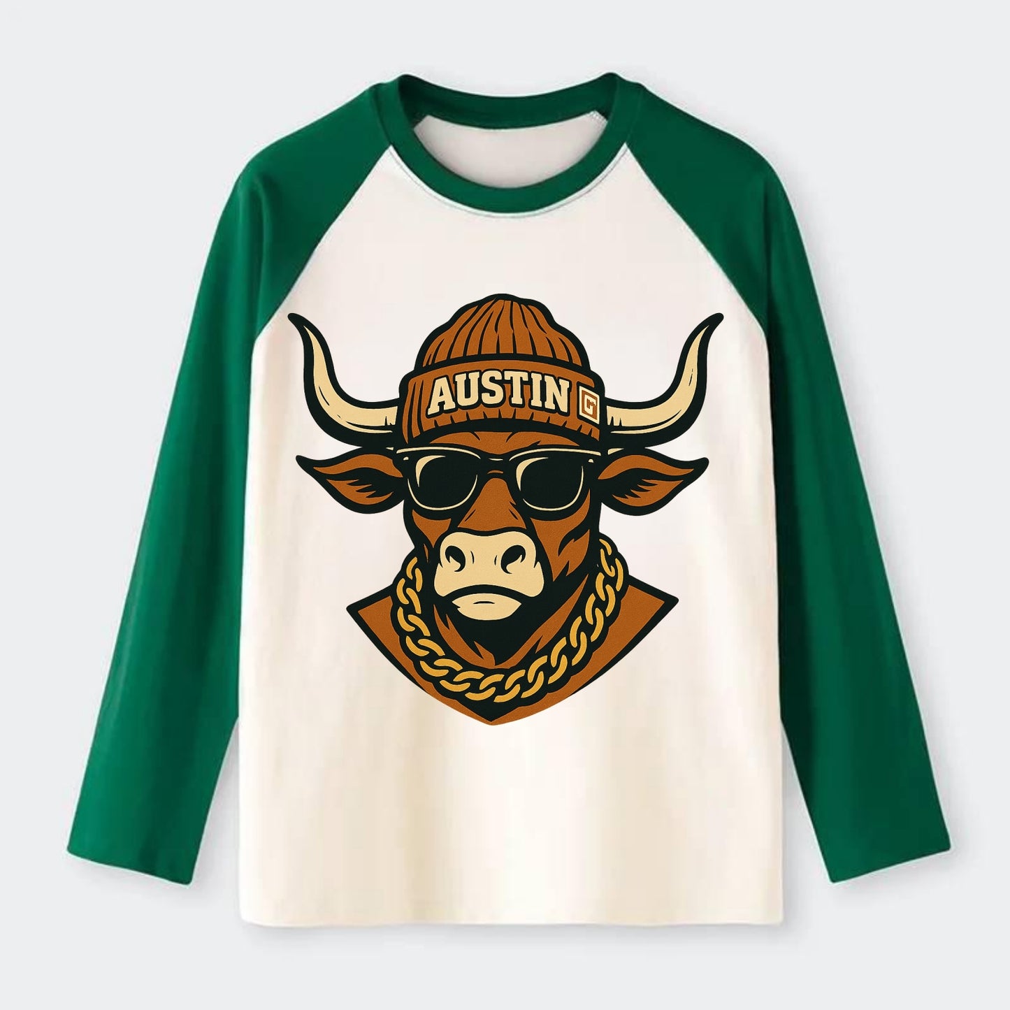 Austin Longhorn - Raglan Long Sleeve T-Shirt - Green