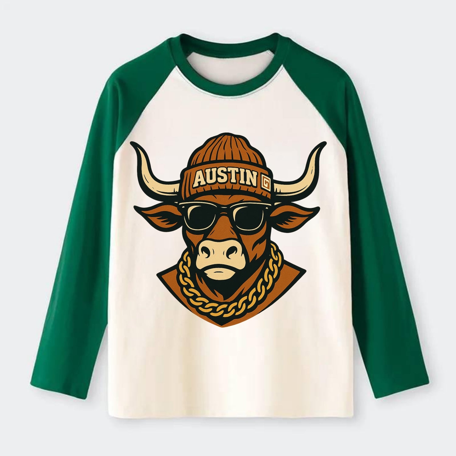 Austin Longhorn - Raglan Long Sleeve T-Shirt - Green