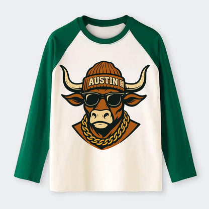 Austin Longhorn - Raglan Long Sleeve T-Shirt - Green