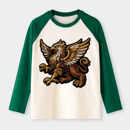 GRIFFIN BEAST - lion eagle hybrid in gold and brown , heraldic - Raglan Long Sleeve T-Shirt - Green