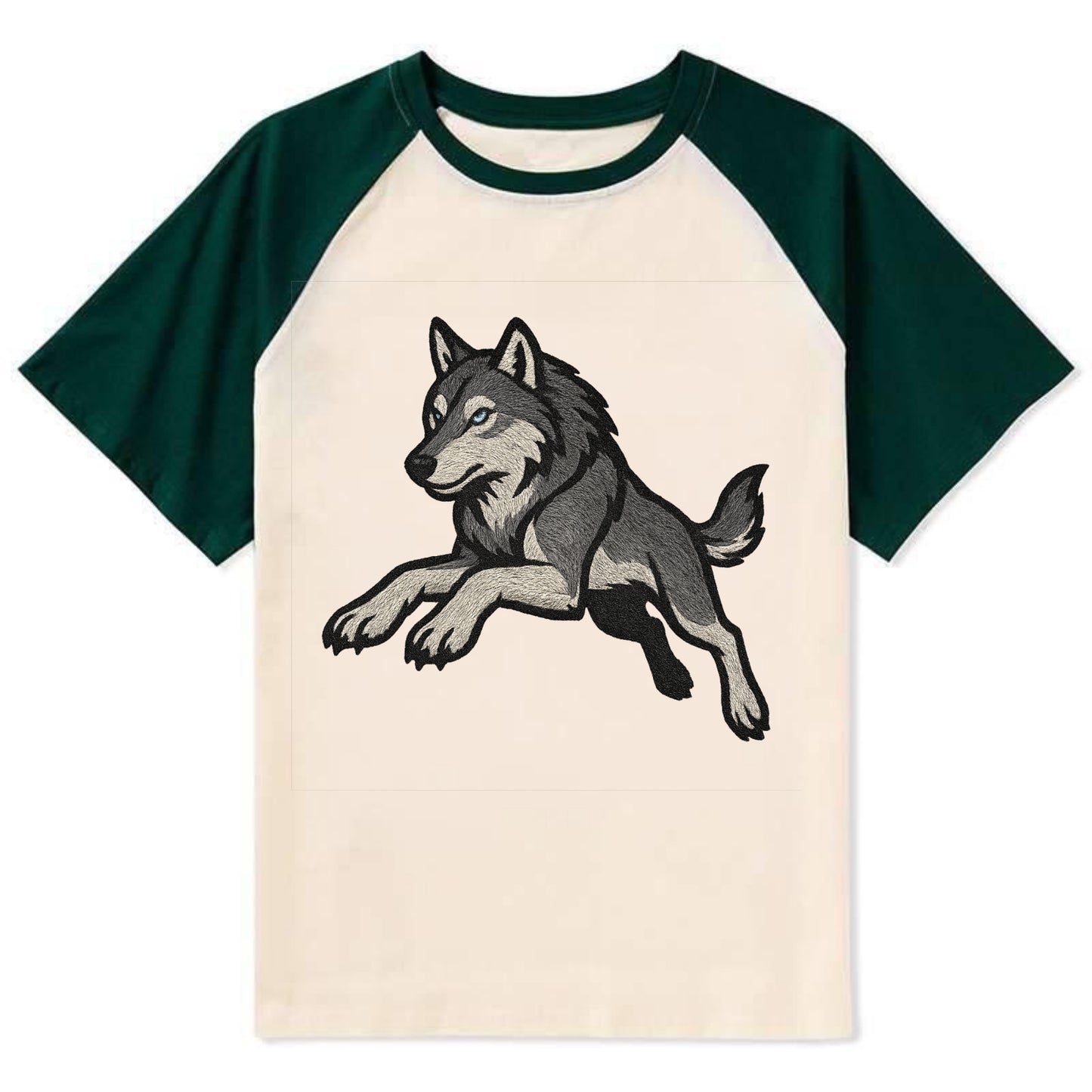 Wolf Leaping Action  - Contrast Raglan T-shirt - Green
