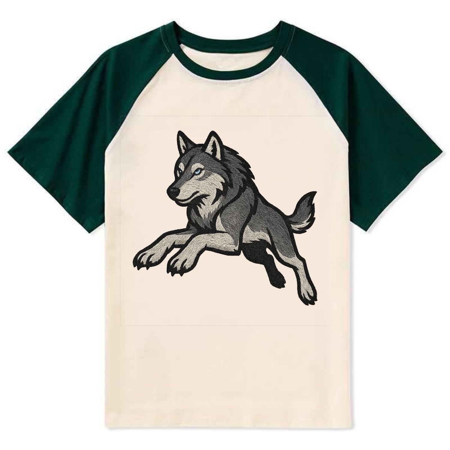 Wolf Leaping Action  - Contrast Raglan T-shirt - Green