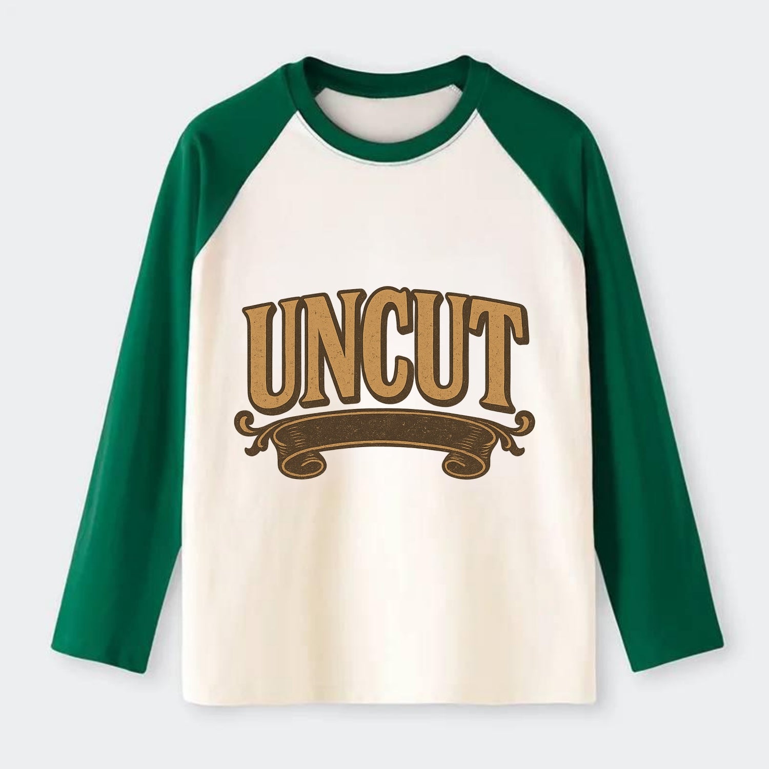 Bold typography design - "UNCUT" - pure, undiluted, authentic - Raglan Long Sleeve T-Shirt - Green